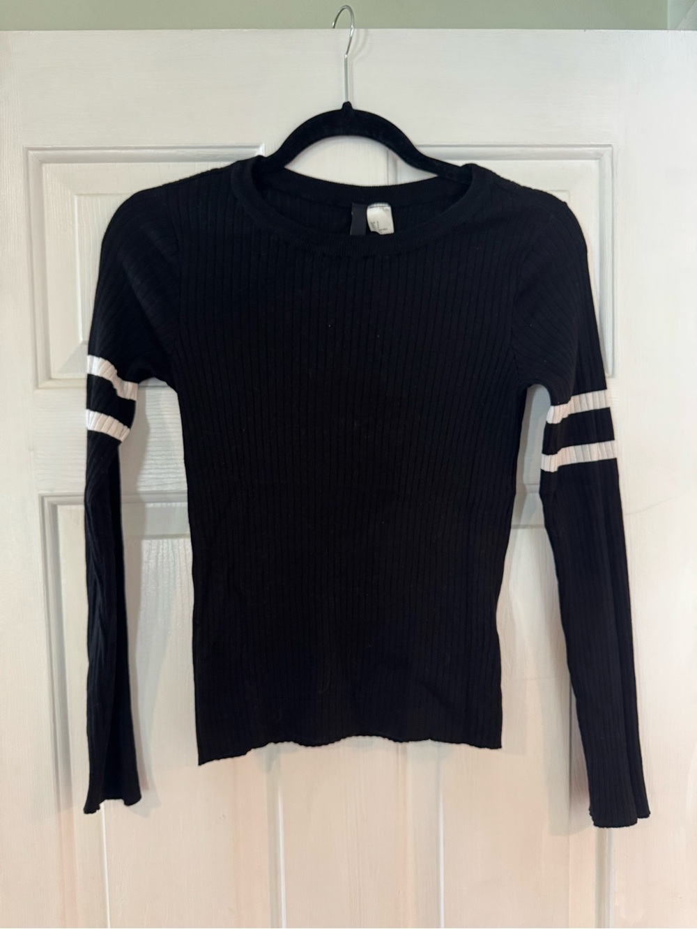 H&M Black Ribbed Long-Sleeve Top with White Sleeve Stripes
